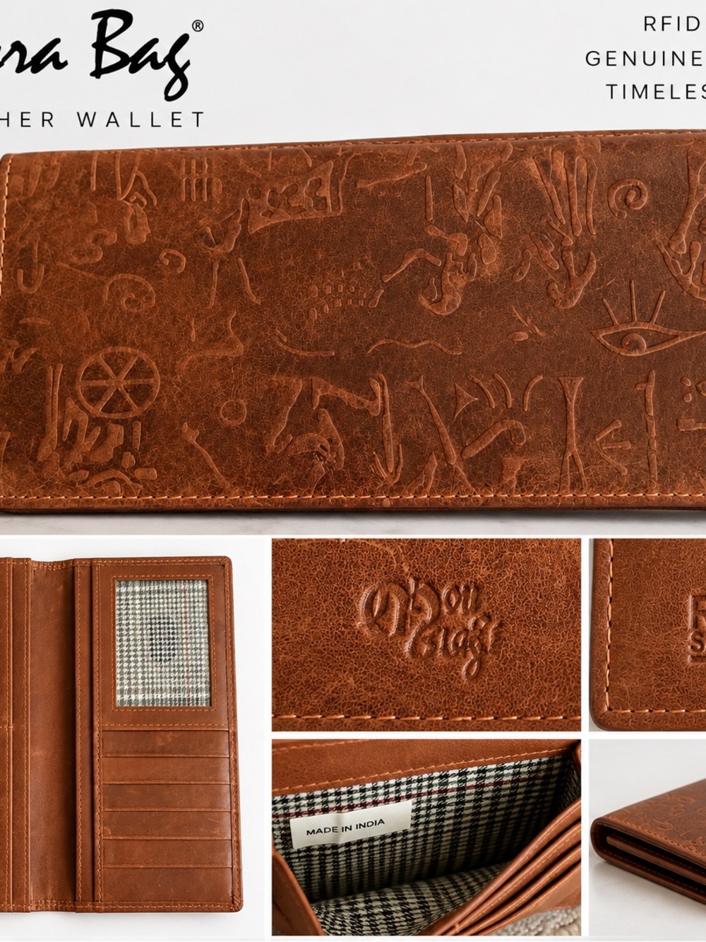 Embossed Leather Long Wallet - Brown